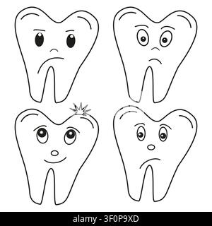 Sad and happy tooth characters set. Dental emotions icon collection. Vector cartoon mascots Stock Vector