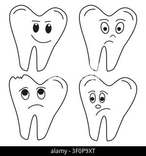 Dental problems and health icon set. Broken and sad tooth emojis. Vector cartoon collection Stock Vector