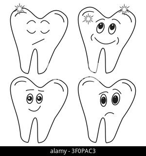 Tooth emotion set. Collection of dental characters with different expressions. Vector illustration set Stock Vector