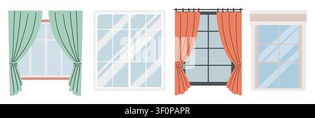 Soft green and orange curtains frame windows. Stock Vector
