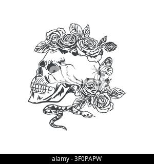Human skull adorned with roses and a slithering snake. Hand drawn vector illustration in a line art style. Black ink clipart for Halloween cards Stock Vector