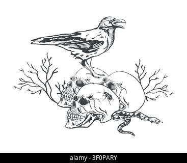 Crow standing on human skulls, tree branches and a crawling snake. Hand drawn vector illustration in a line art style. Black ink clipart for Halloween Stock Vector