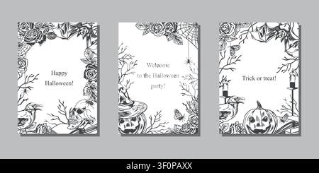 Halloween greeting card set featuring a pumpkin, skull, bat, raven, spiderweb and roses. Hand drawn vector illustration in a line art style. Black ink Stock Vector