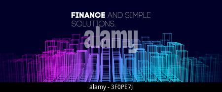 Tech city background with neon wireframe buildings abstract futuristic. Finance and simple solutions banner digital network infrastructure. Blue purpl Stock Vector