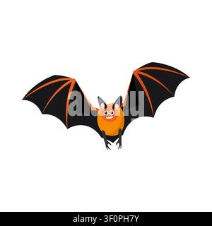 Flying black bat vector illustration spreading wings spooky halloween animal flat Stock Vector