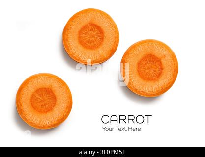 fresh raw carrot slices isolated on white background, top view. Creative layout made of carrot slices on the white background. Flat lay. Food concept. Stock Photo