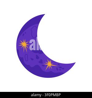 Purple crescent moon with golden stars vector halloween night illustration Stock Vector