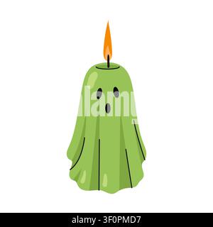 Spooky green candle shaped like a ghost with flame halloween vector illustration Stock Vector