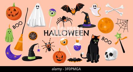 Cute vector Halloween icons mega set flat illustrations spooky characters and elements Stock Vector