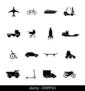 Collection of flat black transport and vehicle icons isolated on white background. Stock Vector