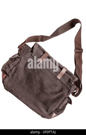 Brown fabric shoulder bag with leather details isolated over white Stock Photo