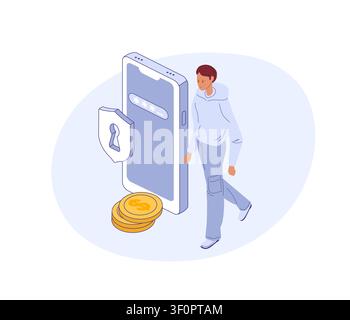 Password for banking data on phone. Strong protection. Isometric vector for security app, finance blog, or safe transaction poster Stock Vector