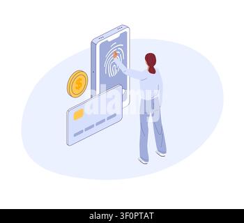 Banking app login with fingerprint. Isometric view. Vector. Great for security poster, fintech banner, or mobile banking blog. Stock Vector