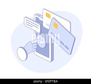 User enters banking app. Hand presses button on screen. Isometric vector for fintech poster, mobile banking blog, secure payment. Stock Vector