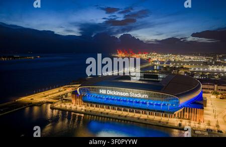 Everton Football Club’s Hill Dickinson Stadium at Bramley-Moore Dock, a striking modern football venue overlooking the River Mersey in Liverpool. Stock Photo