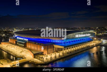 Everton Football Club’s Hill Dickinson Stadium at Bramley-Moore Dock, a striking modern football venue overlooking the River Mersey in Liverpool. Stock Photo