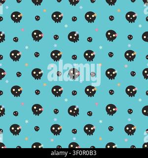 Cute seamless pattern of pastel goth black skull vector illustrations. Minimalist repeating background of kawaii spooky skulls with flowers on teal ba Stock Vector