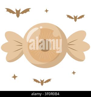 Cute pastel brown Halloween eyeball candy vector illustration. Spooky eye sweet surrounded by brown bats and stars in kawaii doodle style. Perfect for Stock Vector