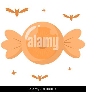 Cute pastel orange Halloween eyeball candy vector illustration. Spooky eye sweet surrounded by orange bats and stars in kawaii doodle style. Perfect f Stock Vector