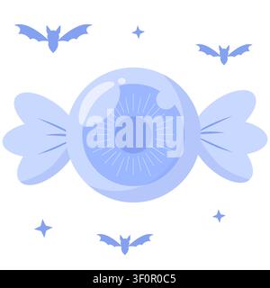 Cute pastel periwinkle Halloween eyeball candy vector icon. Spooky eye sweet surrounded by lavender bats and stars in kawaii doodle style. Great for p Stock Vector