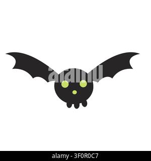 Cute cartoon illustration of a black skull bat with glowing green eyes. Minimalist creepy cute vampire skull bat icon in kawaii doodle style. Perfect Stock Vector