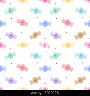 Cute seamless pattern of pastel Halloween eyeball candy vector illustrations. Minimalist repeating background of spooky eye sweets with stars. Perfect Stock Vector