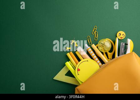 Yellow stationery, pens, pencils, and rulers overflowing from a bright pencil case, preparing for a new school year or educational journey on a vibran Stock Photo