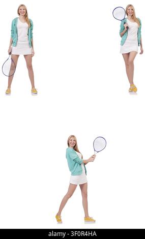 Young beautiful lady playing tennis isolated on white Stock Photo