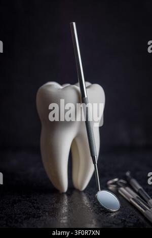 Close-up of a white tooth model beside stainless steel dental instruments and a mirror on a textured dark surface, ideal for concepts of dentistry, or Stock Photo