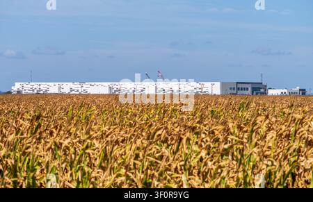 Large AI data center in Hutto, Texas, near Austin, set in rural area with heat haze from the farmland crops blurring the view of the construction Stock Photo