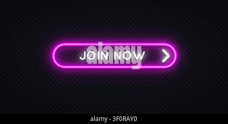 Neon pink glowing Join Now button with arrow on dark transparent background. Vibrant rounded CTA element for website, landing page or app design. Stock Vector