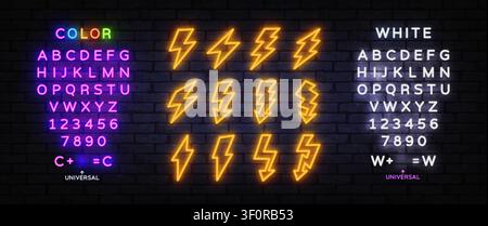 Set of 12 neon orange lightning bolt icons in various shapes on brick wall background. Glowing electric thunder symbols with editable color and white Stock Vector