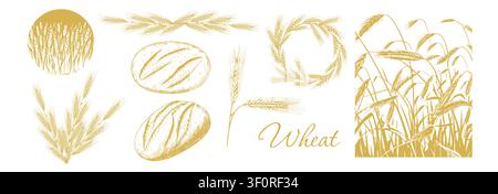 Graphic silhouettes of grain ears . Wheat and Bread Hand drawn. Not AI, vector illustration. Stock Vector