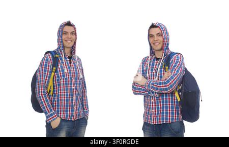 Smiling caucasian student with backpack isolated on white Stock Photo