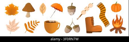 Collection of cozy autumn clip art elements including leaves pumpkins and a campfire Stock Photo