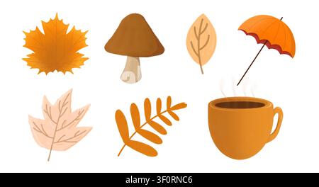 Set of autumn illustrations with leaves a mushroom umbrella and hot coffee Stock Photo