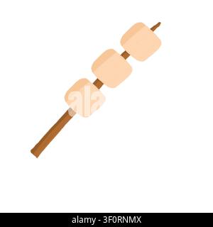 Three roasted marshmallows skewered on a wooden stick isolated on white Stock Photo