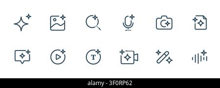Ai logo generate photo camera content and chat. Magic music image sound ai sparkle icon generated design outline symbol Stock Vector
