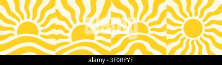 Summer sun retro abstract groovy background. Funky wave sun pattern poster cartoon illustration. Stock Vector