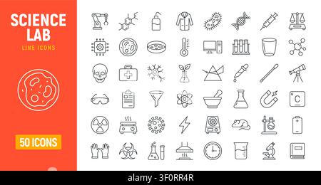 Laboratory microscope research chemistry dna chemical icon set. Chemistry lab experiment medicine development line icon set Stock Vector