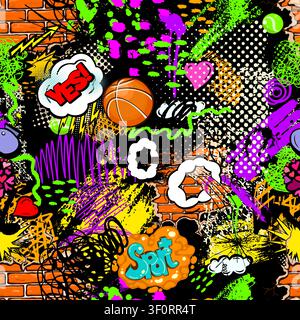 Seamless graffiti sports background . Hand drawn. Not AI, vector illustration. Stock Vector