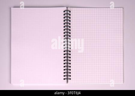 Spiral notebook with blank graph paper pages, central focus, simple clean setting, light gray background, white and subtle blue grid, black spiral bin Stock Photo