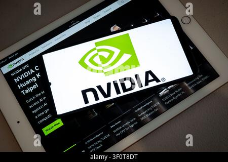 Mexico city, mexico, 06 02 2026, nvidia brand logo displayed on a smartphone screen resting on a tablet computer Stock Photo