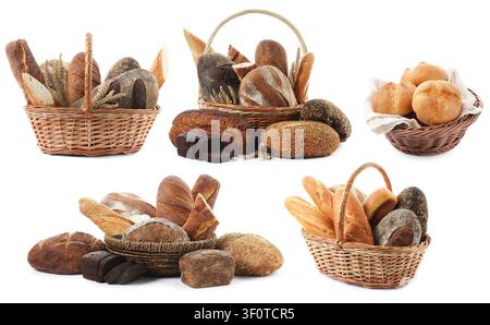 Bread in wicker baskets isolated on white, set Stock Photo