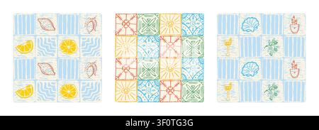 Amalfi style tile seamless pattern set with lemons, Italian stylized majolica, limoncello, olives, flower pots and seashells. 3 retro square backgroun Stock Vector