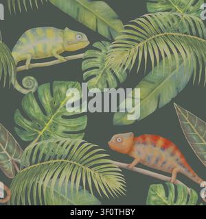 Hand painted seamless watercolor pattern with colorful chameleons, monstera and tropical palm leaves. Perfect for fabric, wallpaper, wrapping paper an Stock Photo
