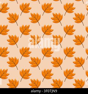 Seamless autumn pattern with orange maple leaves on beige background. Cartoon vector fall seasonal print Stock Vector