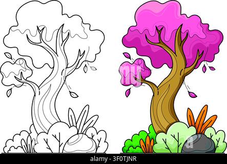 Fantasy Cherry Blossom Tree Coloring Page and Colored Whimsical Asset Stock Vector