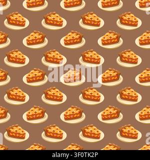 Seamless pattern with pie slices on plates on warm brown background. Cartoon vector bakery autumn background Stock Vector