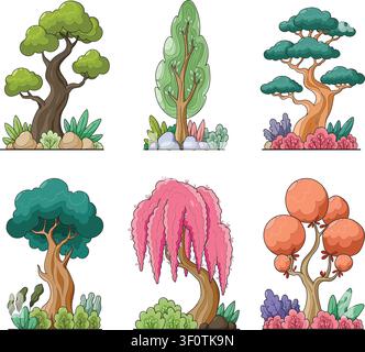 Six stylized trees with varied shapes and foliage. Each tree stands with unique trunk and leaf design. Calm, artistic vibe enhances nature's peaceful Stock Vector
